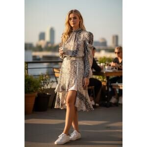 Mare Mare Nalani Dress Snakeskin Print  Puffed Ruffle‎ Long Sleeves Size XS